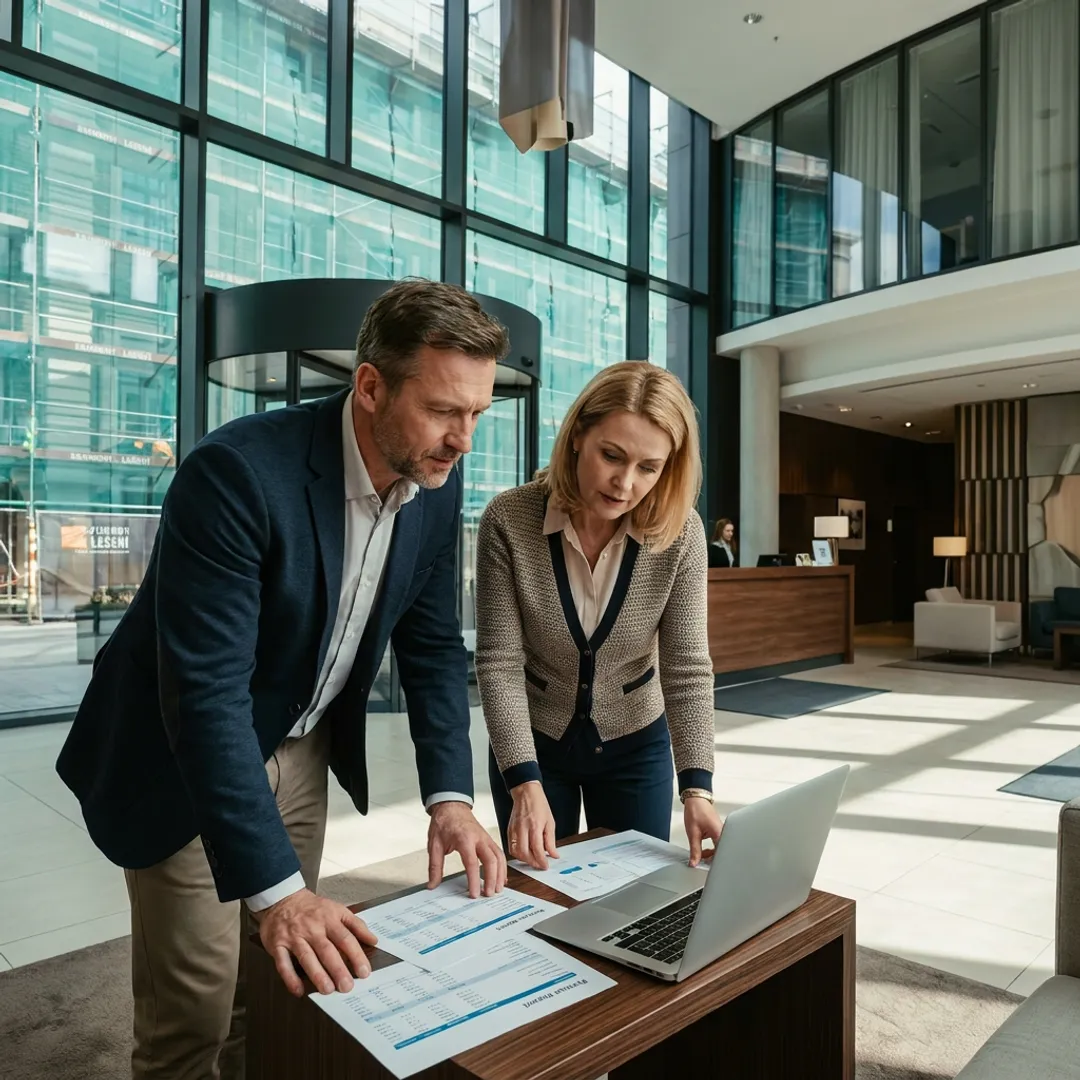 Hotel management team reviewing performance reports
