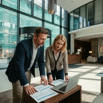 Hotel management team reviewing performance reports