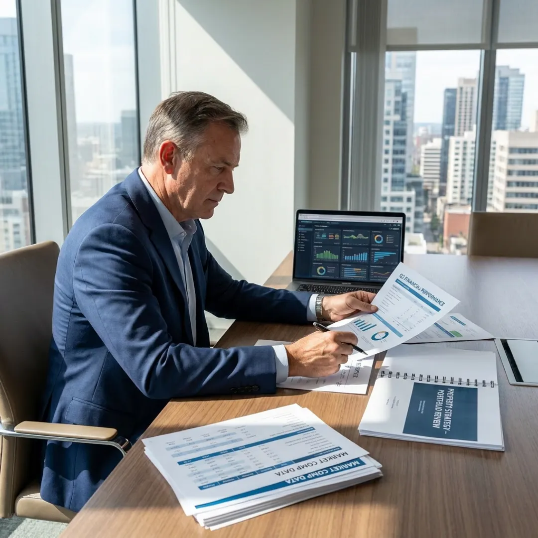 Hotel asset manager reviewing financial performance