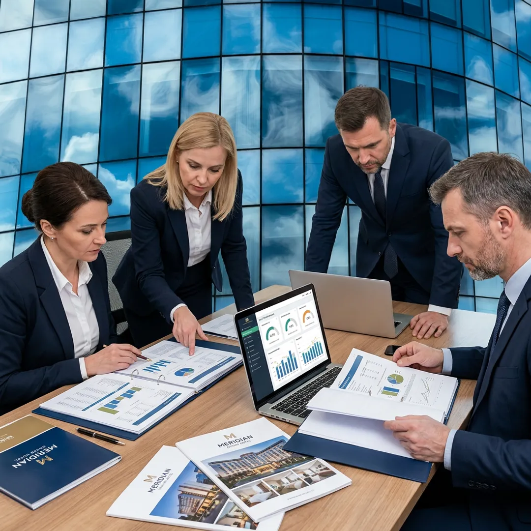 Hotel management team reviewing operations