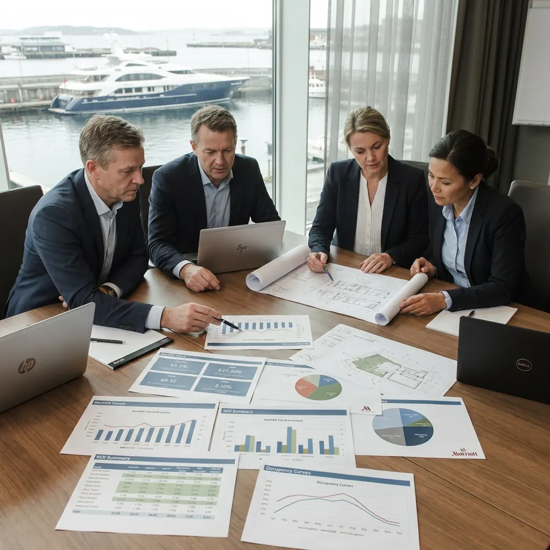 Hotel investment advisors reviewing asset performance