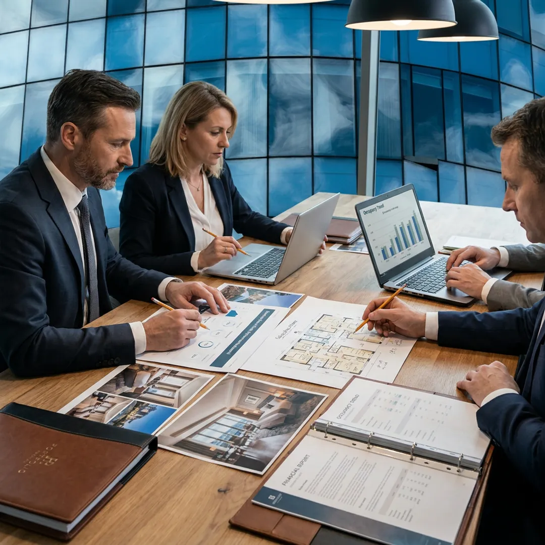 Hotel management team reviewing luxury property performance