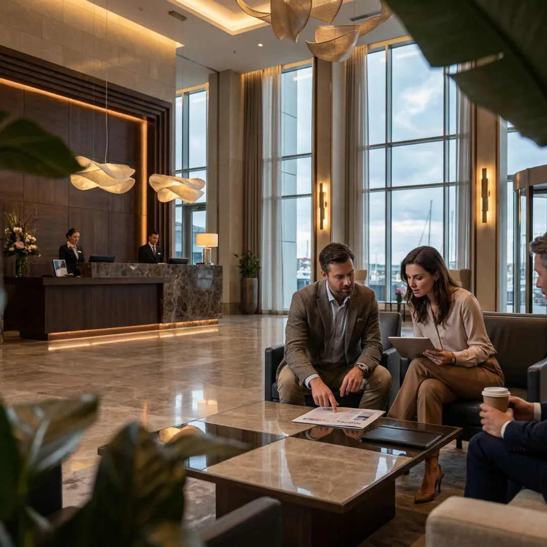 Lifestyle hotel lobby with management team in discussion