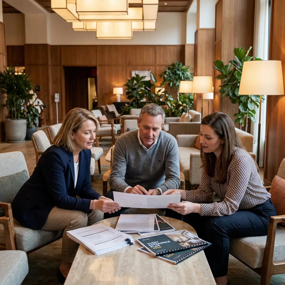 Lifestyle hotel leadership team reviewing performance strategy