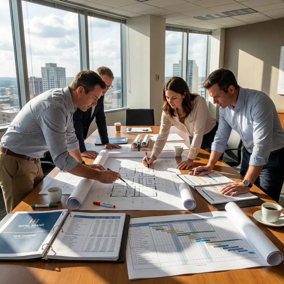 Hotel renovation project management team reviewing plans