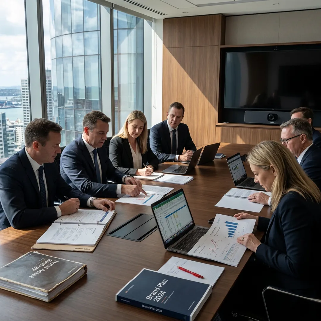 Hotel executives reviewing investment strategy