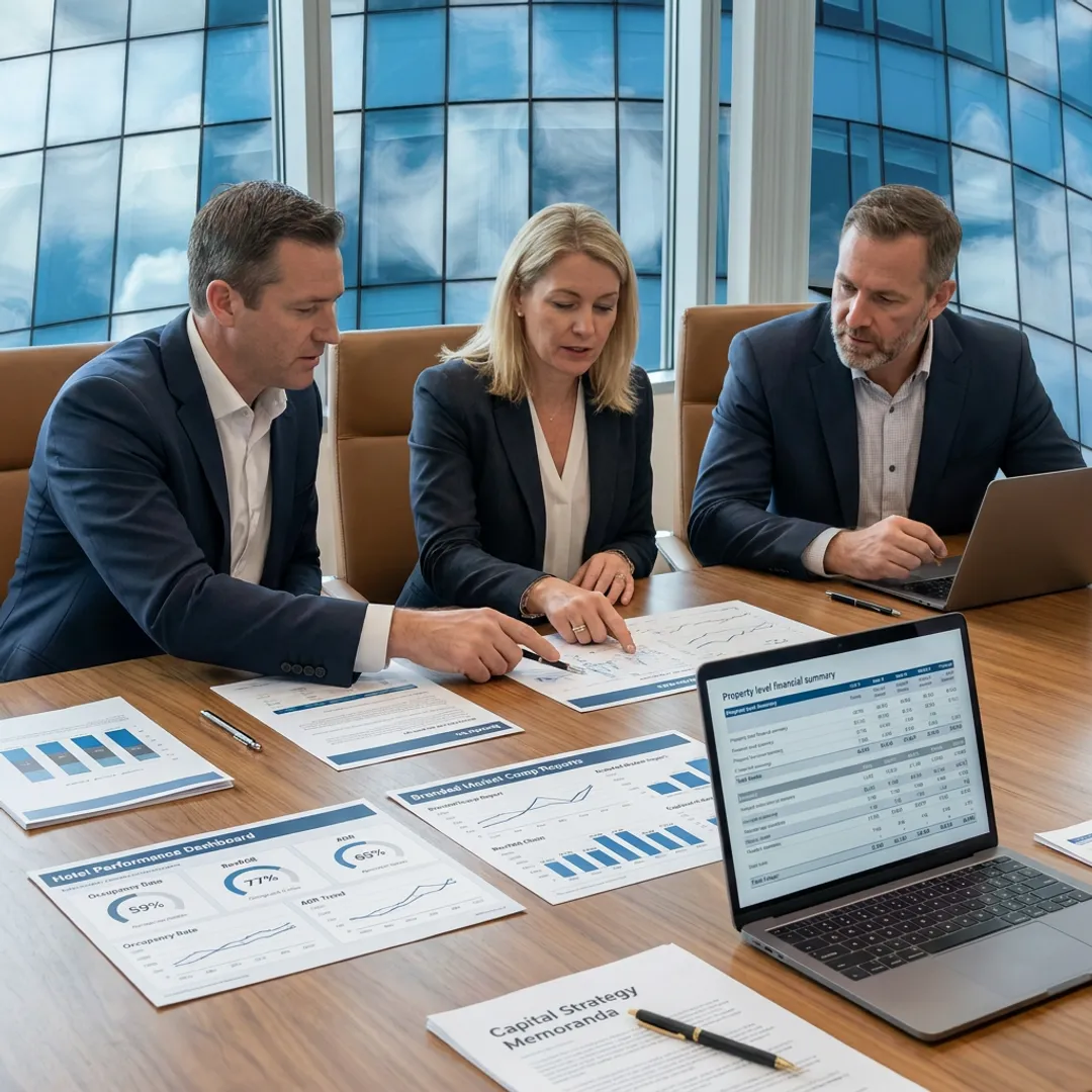 Hospitality investment team reviewing hotel performance data
