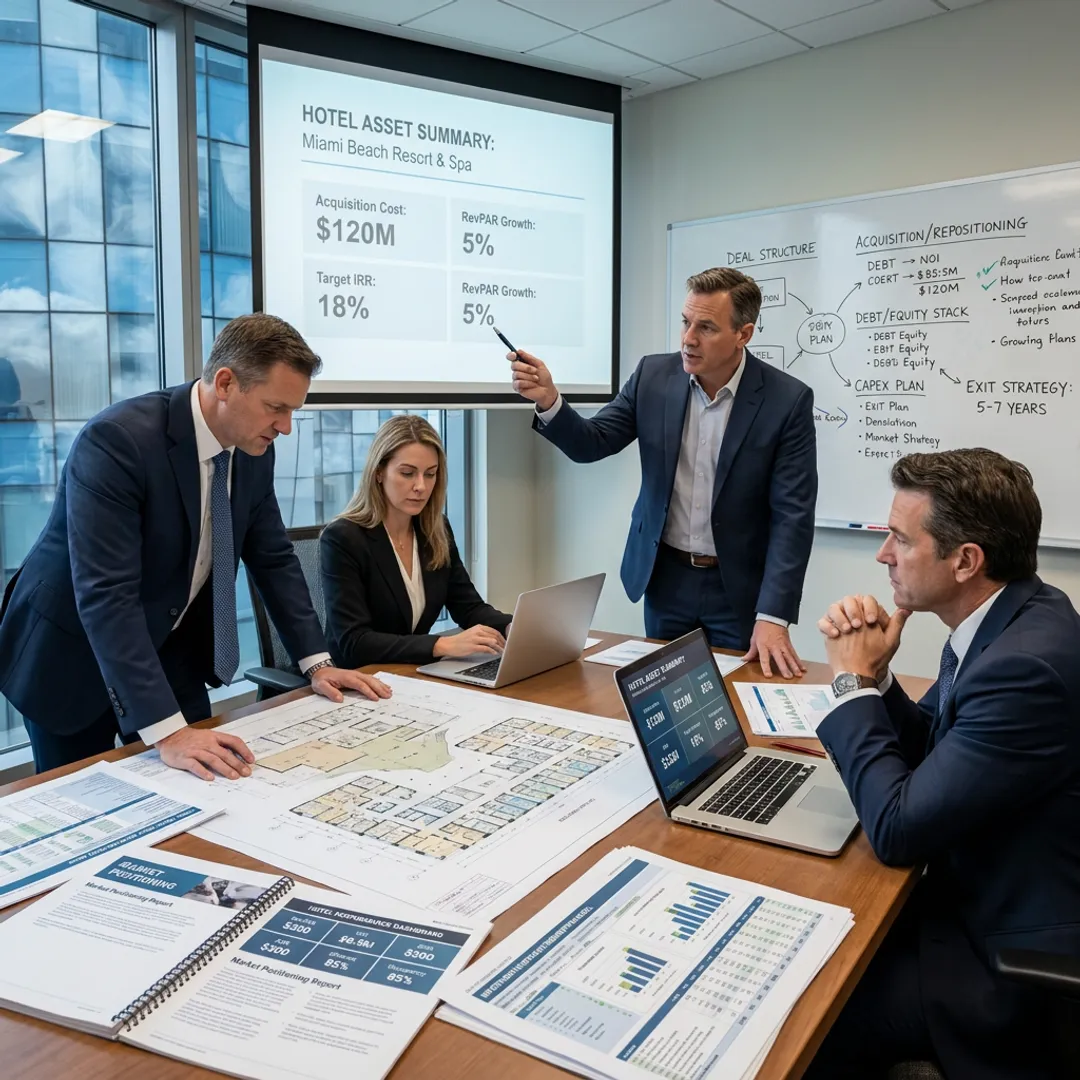 Hotel investment team reviewing development strategy