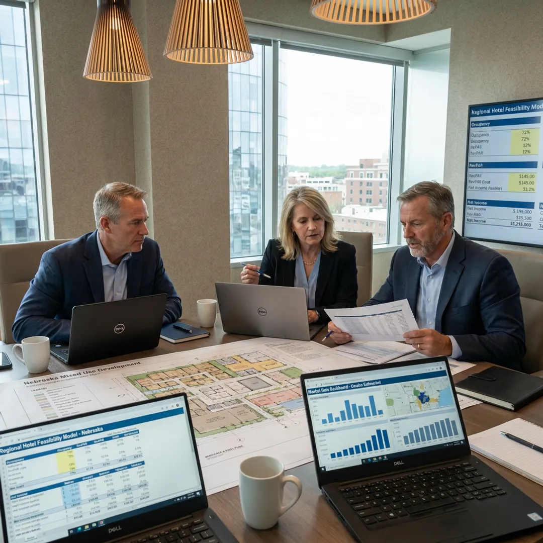 Advisors reviewing mixed-use hospitality feasibility plans