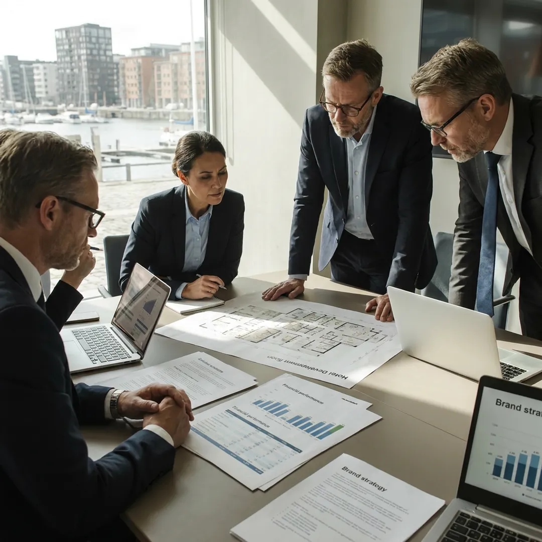 Hotel development advisors reviewing project plans