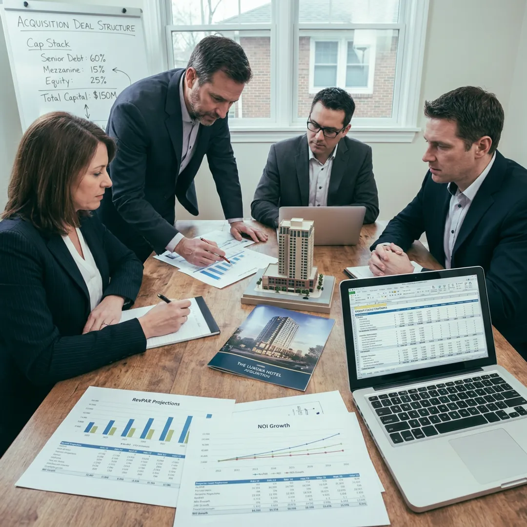 Hotel acquisition advisors reviewing investment plans