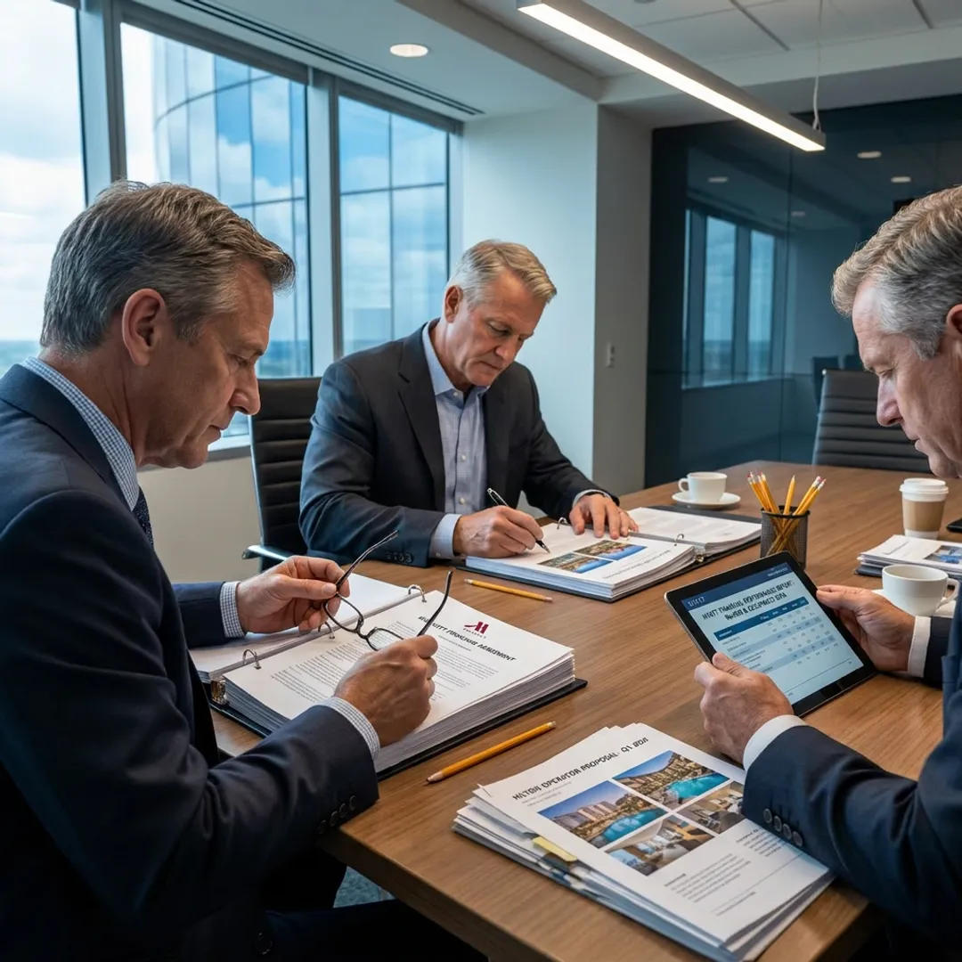 Hospitality advisors reviewing hotel contract terms