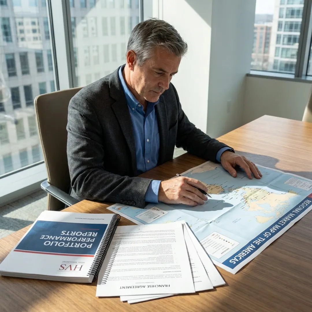 Hotel consultant reviewing investment strategy documents