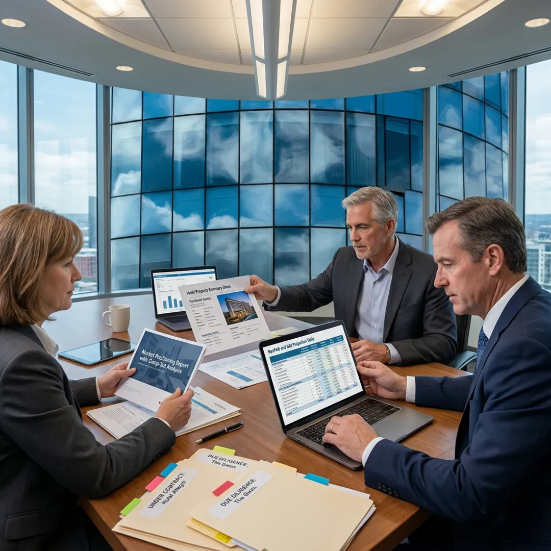 Hotel acquisition advisors reviewing investment documents