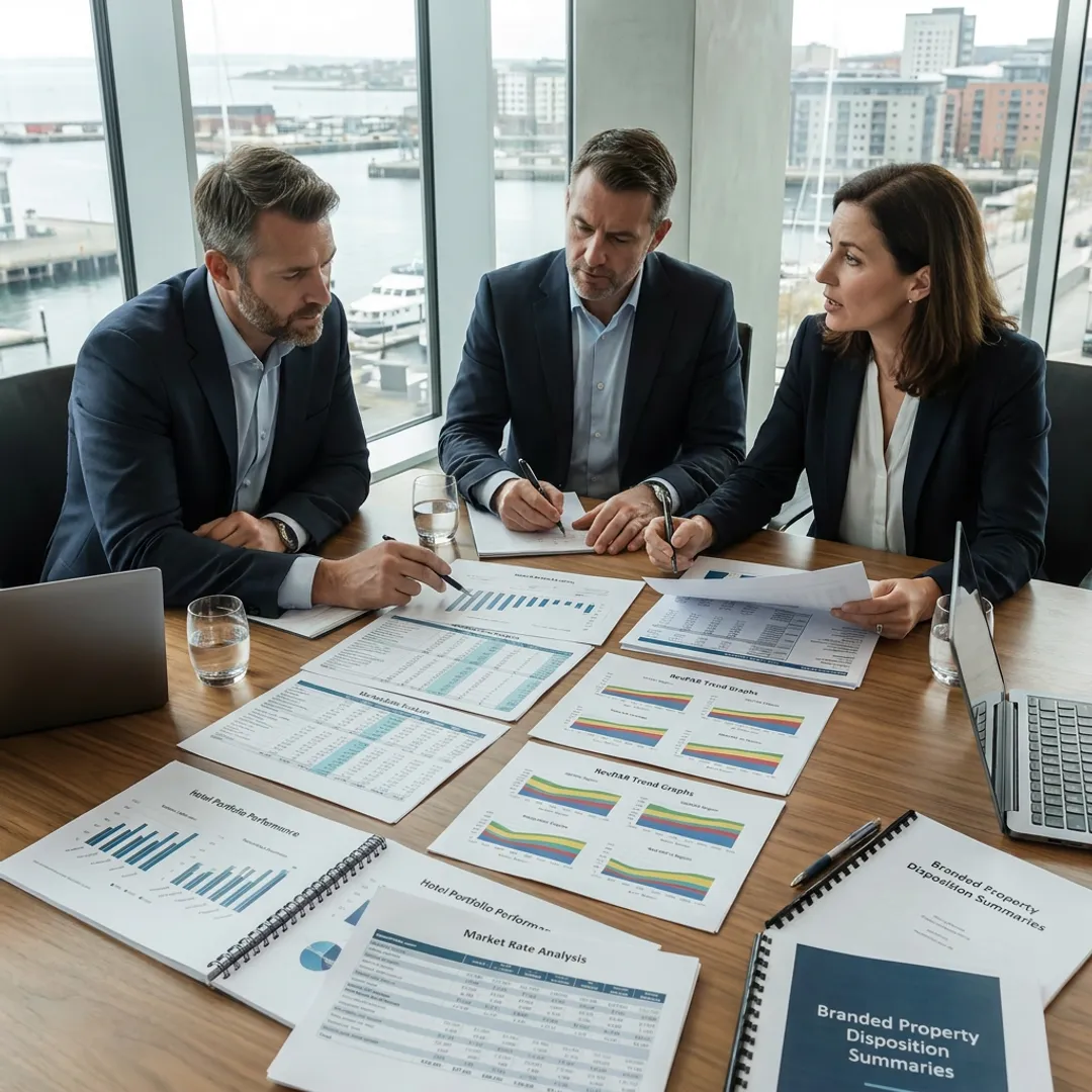 Hotel investment team reviewing portfolio strategy
