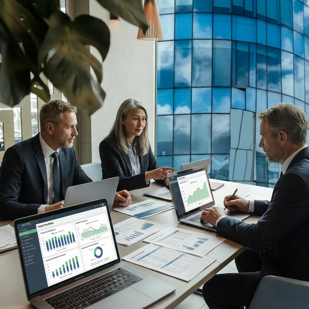 Hotel asset management team reviewing portfolio performance