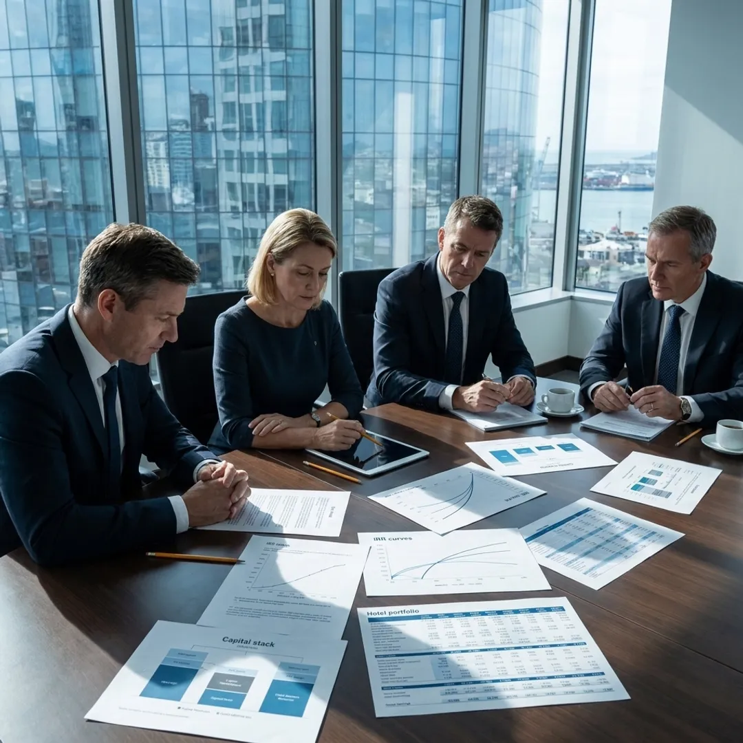 Private equity advisors analyzing hotel investment portfolio
