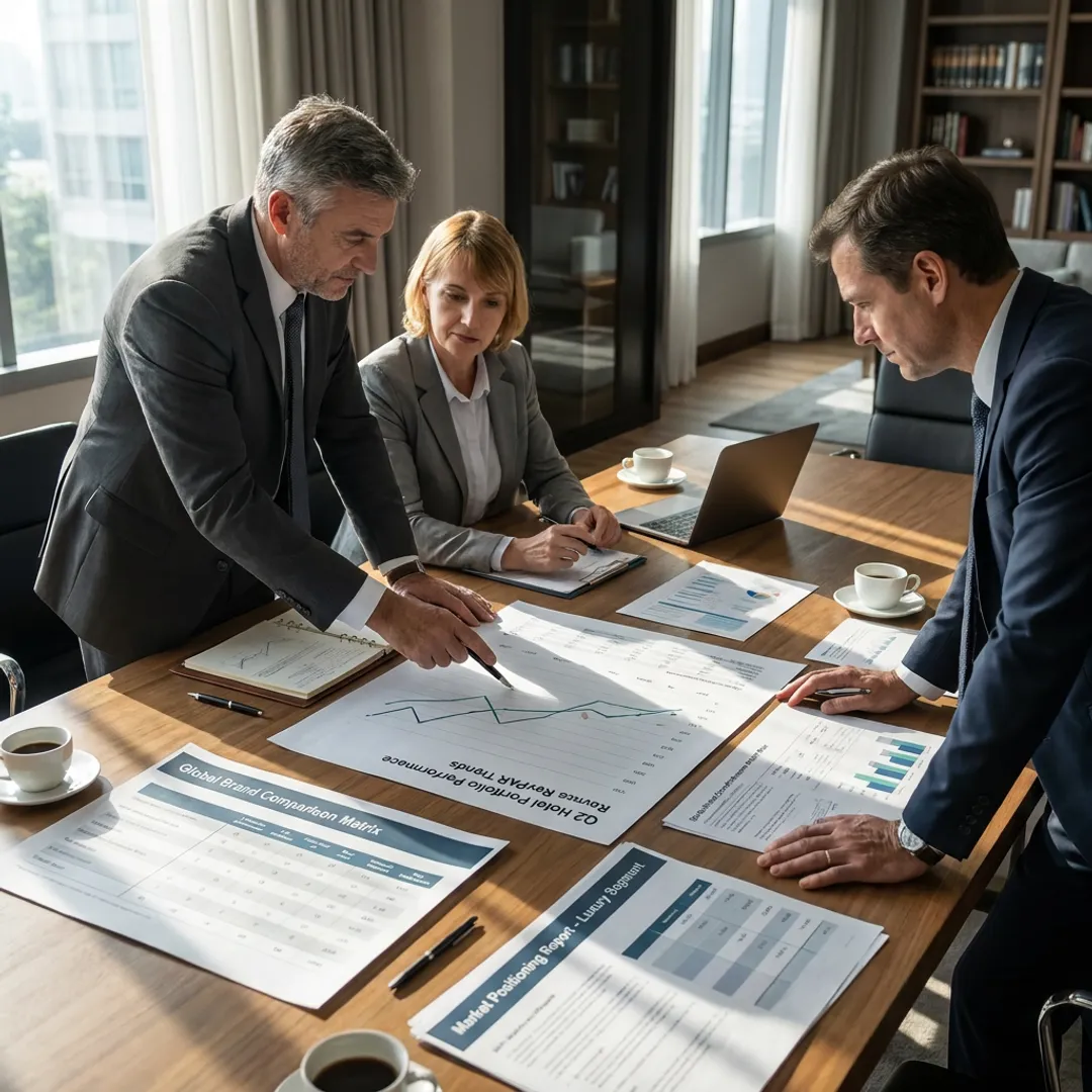 Advisors reviewing hotel portfolio strategy documents