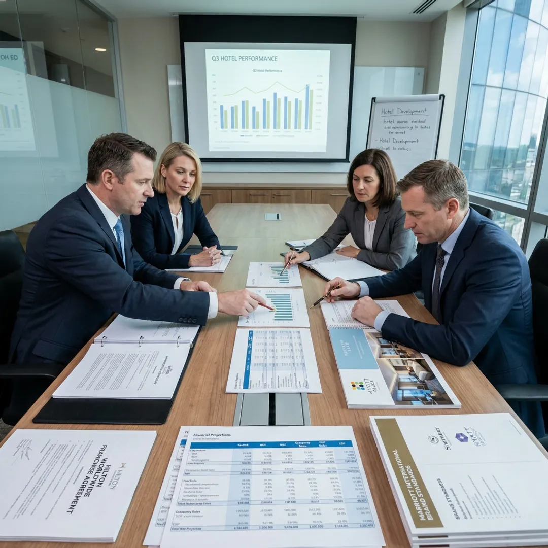 Hotel executives reviewing a franchise agreement