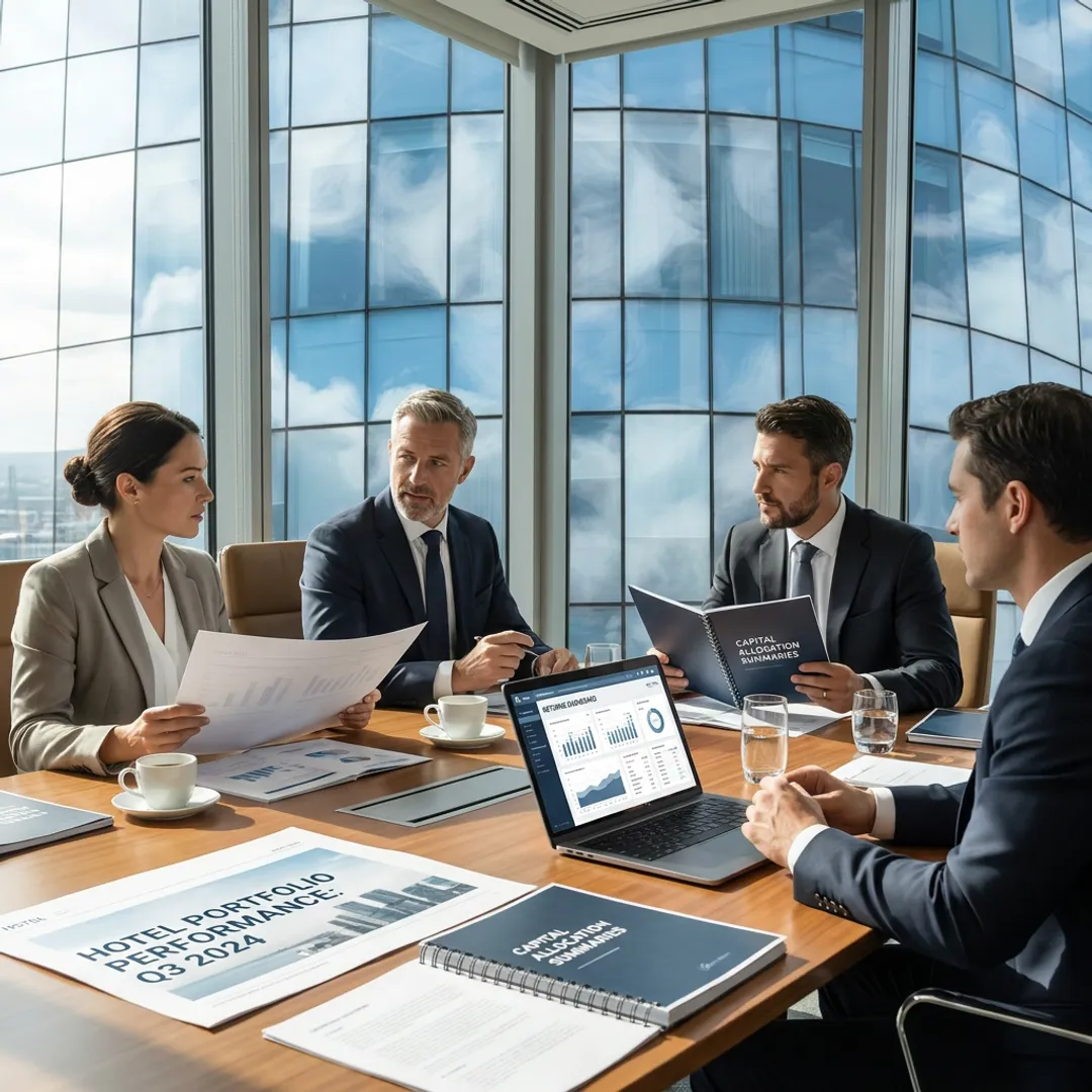 Hotel investment advisors reviewing portfolio strategy