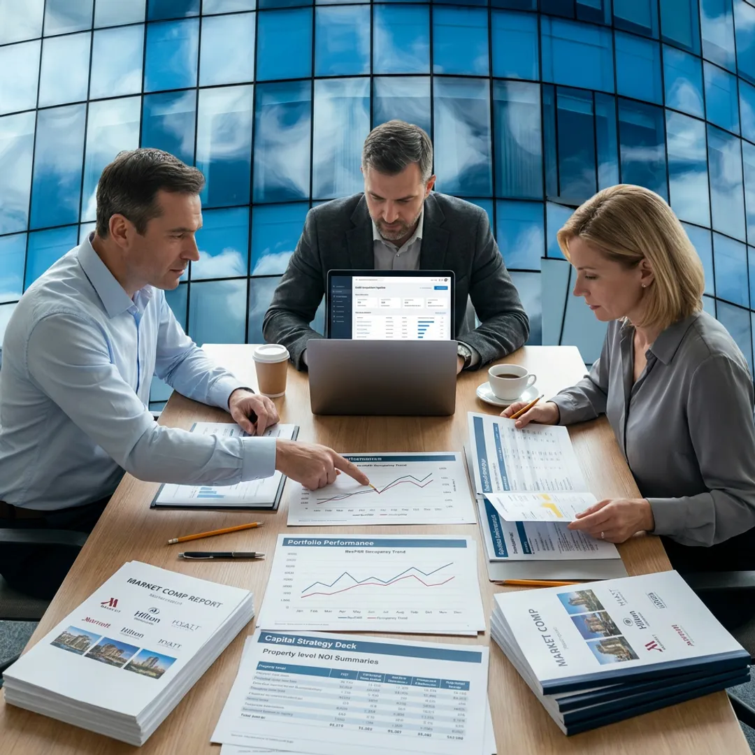 Financial advisors reviewing hotel portfolio strategy