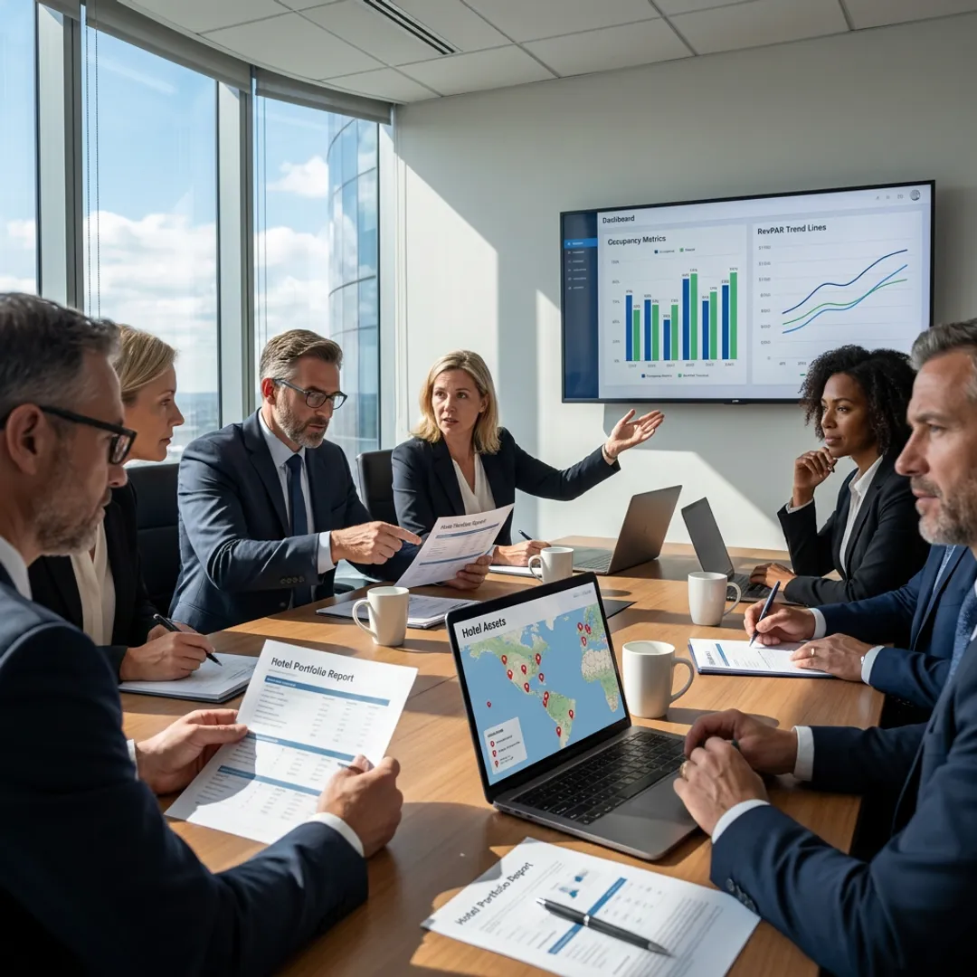 Hotel investment advisors reviewing portfolio strategy