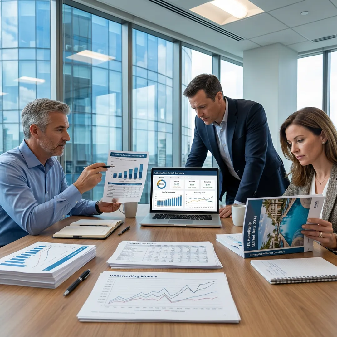 Consultants reviewing hotel portfolio financial models