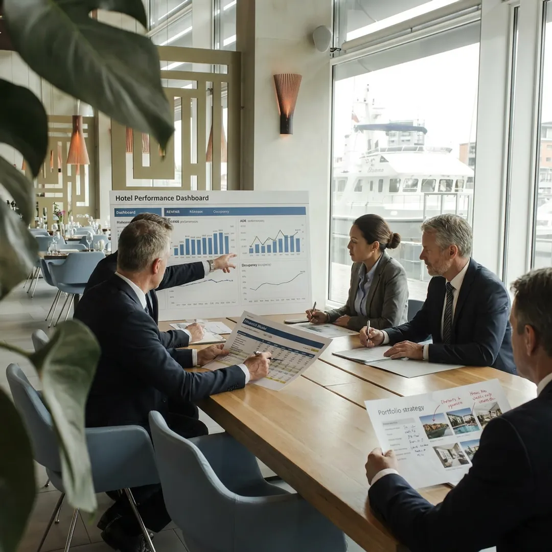 Financial advisors reviewing hotel investment performance