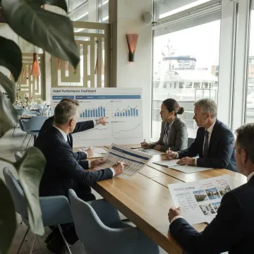 Financial advisors reviewing hotel investment performance