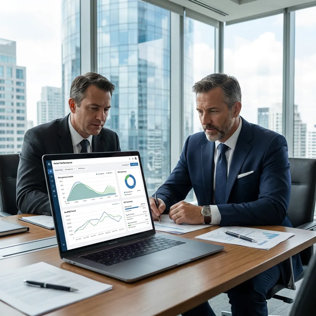 Hotel asset management advisor reviewing investment performance