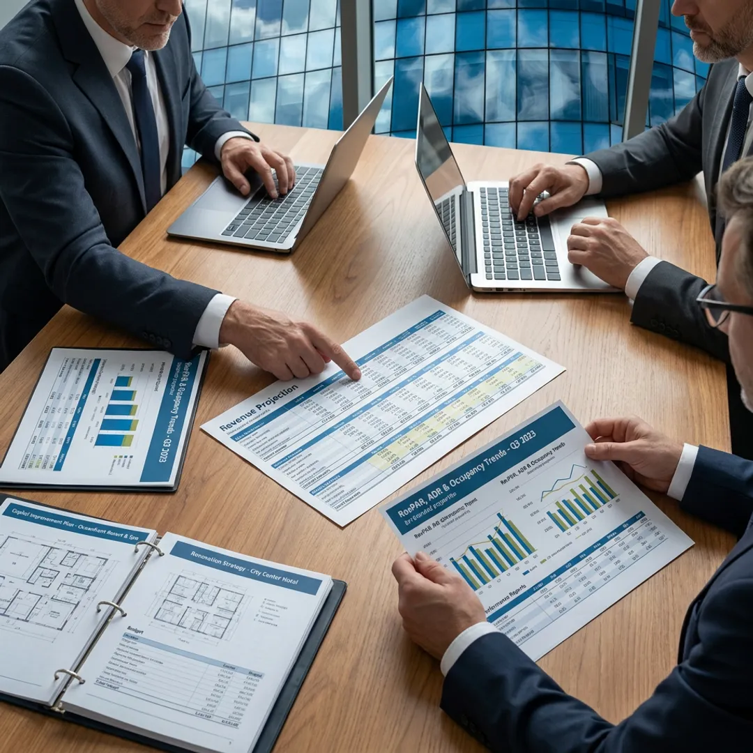 Hospitality asset management team reviewing hotel investment reports