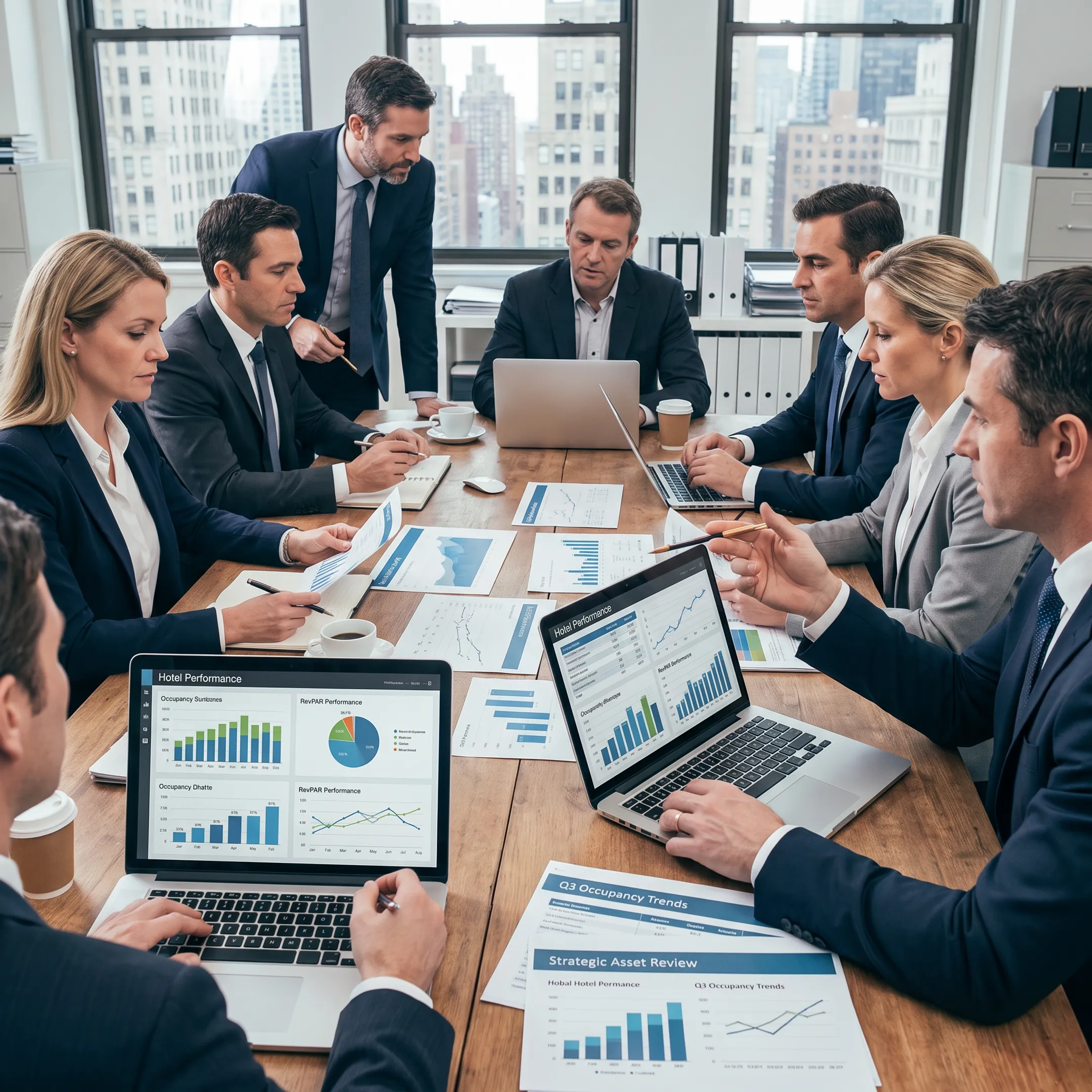 Hospitality advisors reviewing hotel performance data