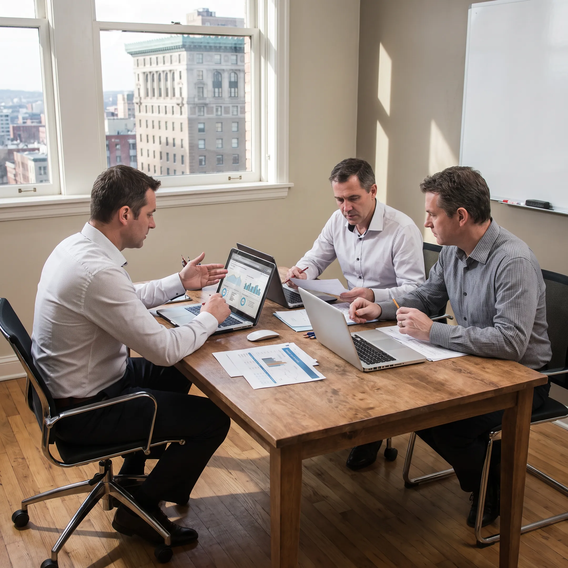 Hotel consultants reviewing turnaround performance plans