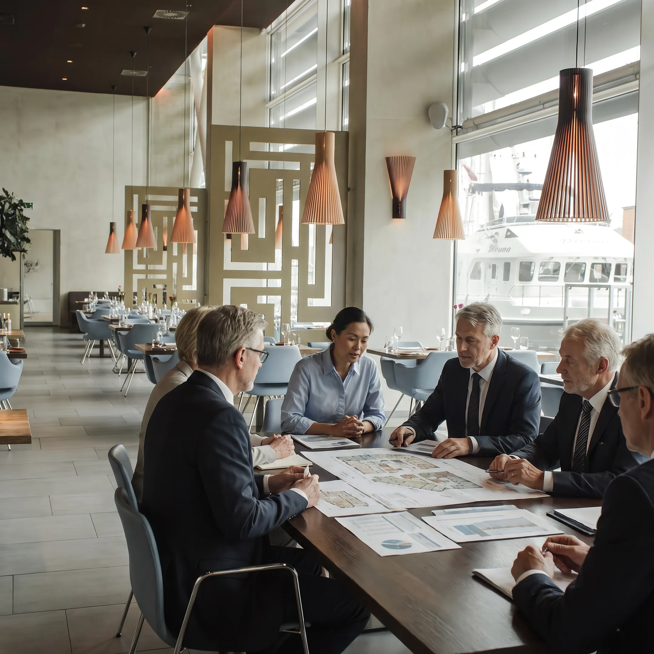 Hotel development team reviewing plans