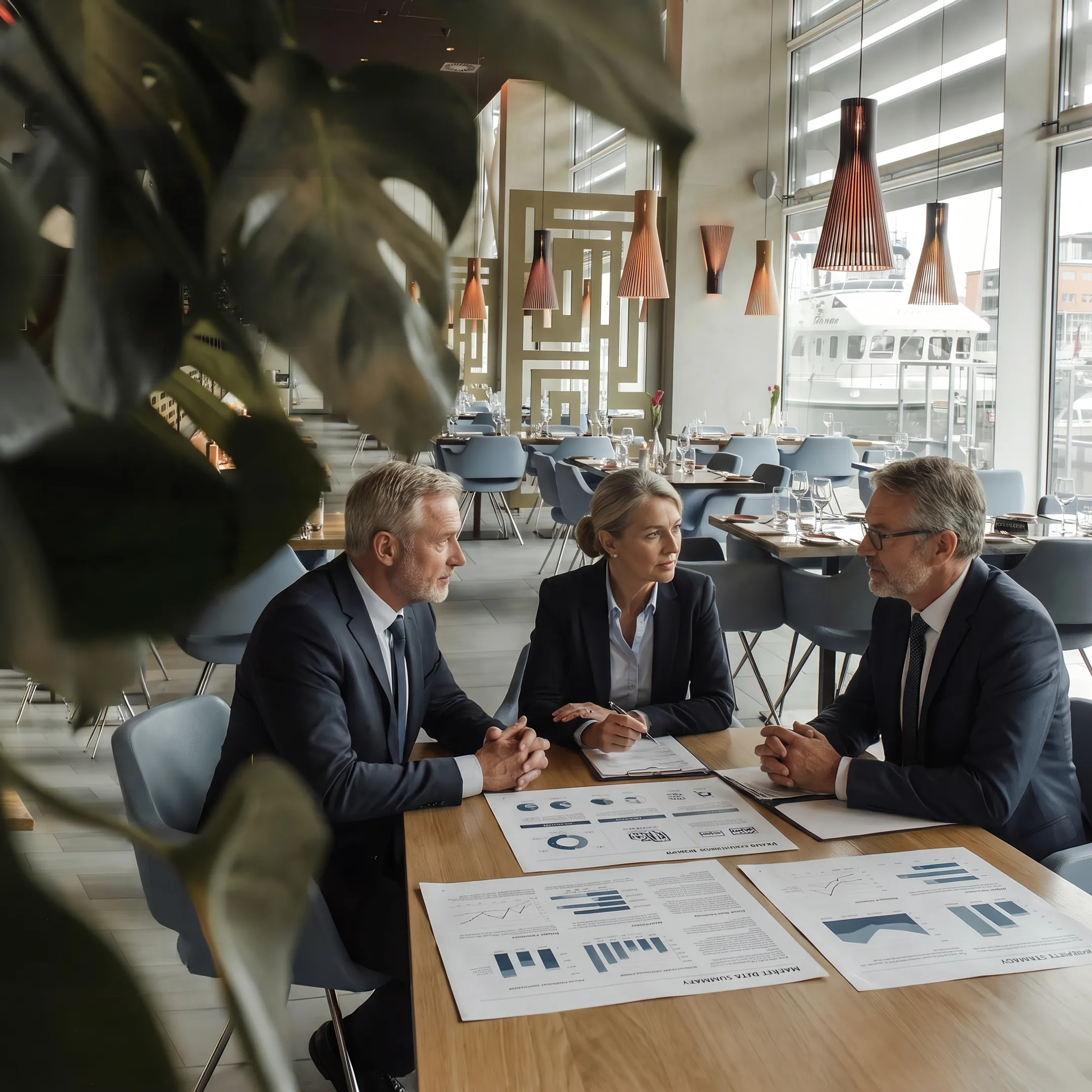Hotel executives reviewing a brand strategy presentation