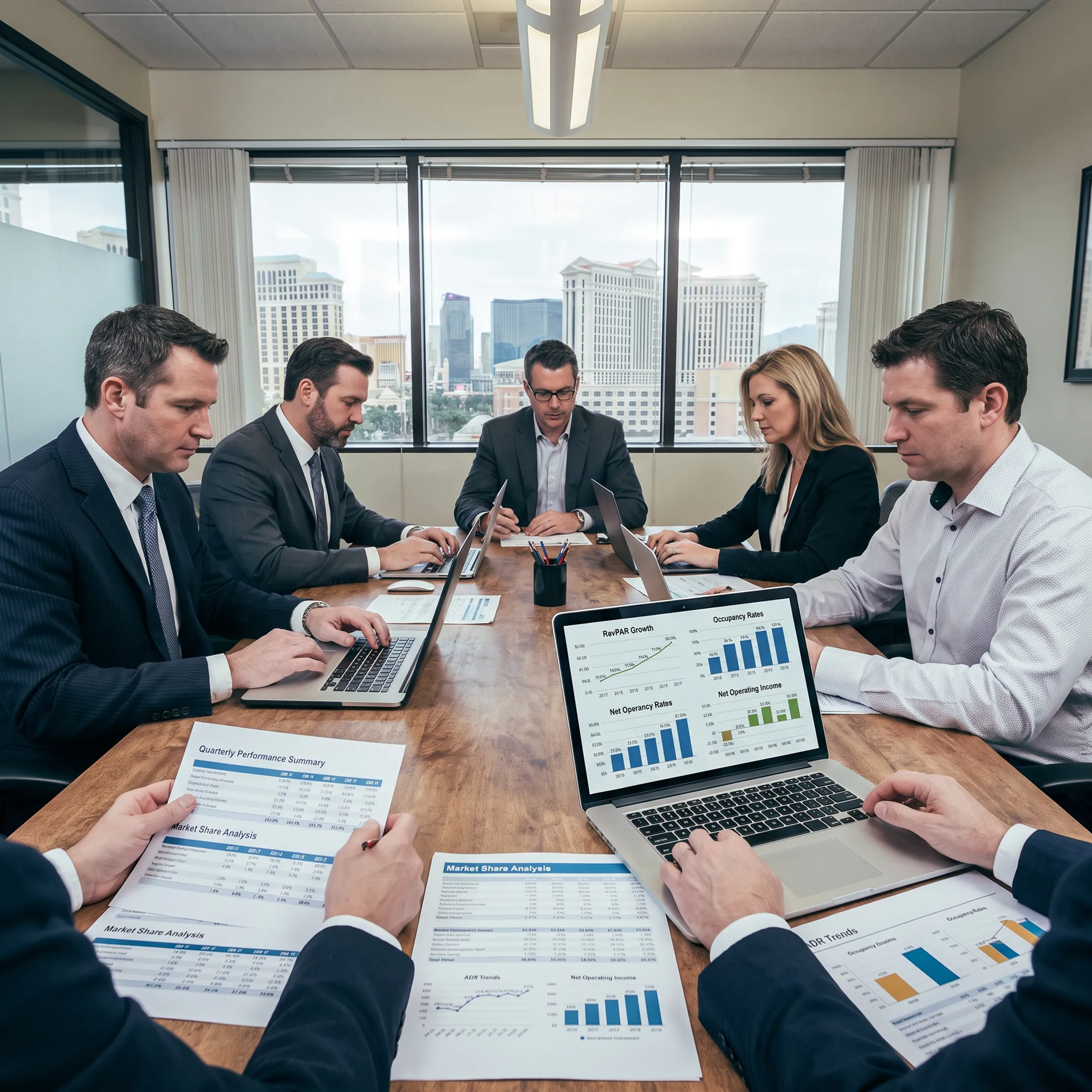 Hospital investment advisors reviewing hotel performance