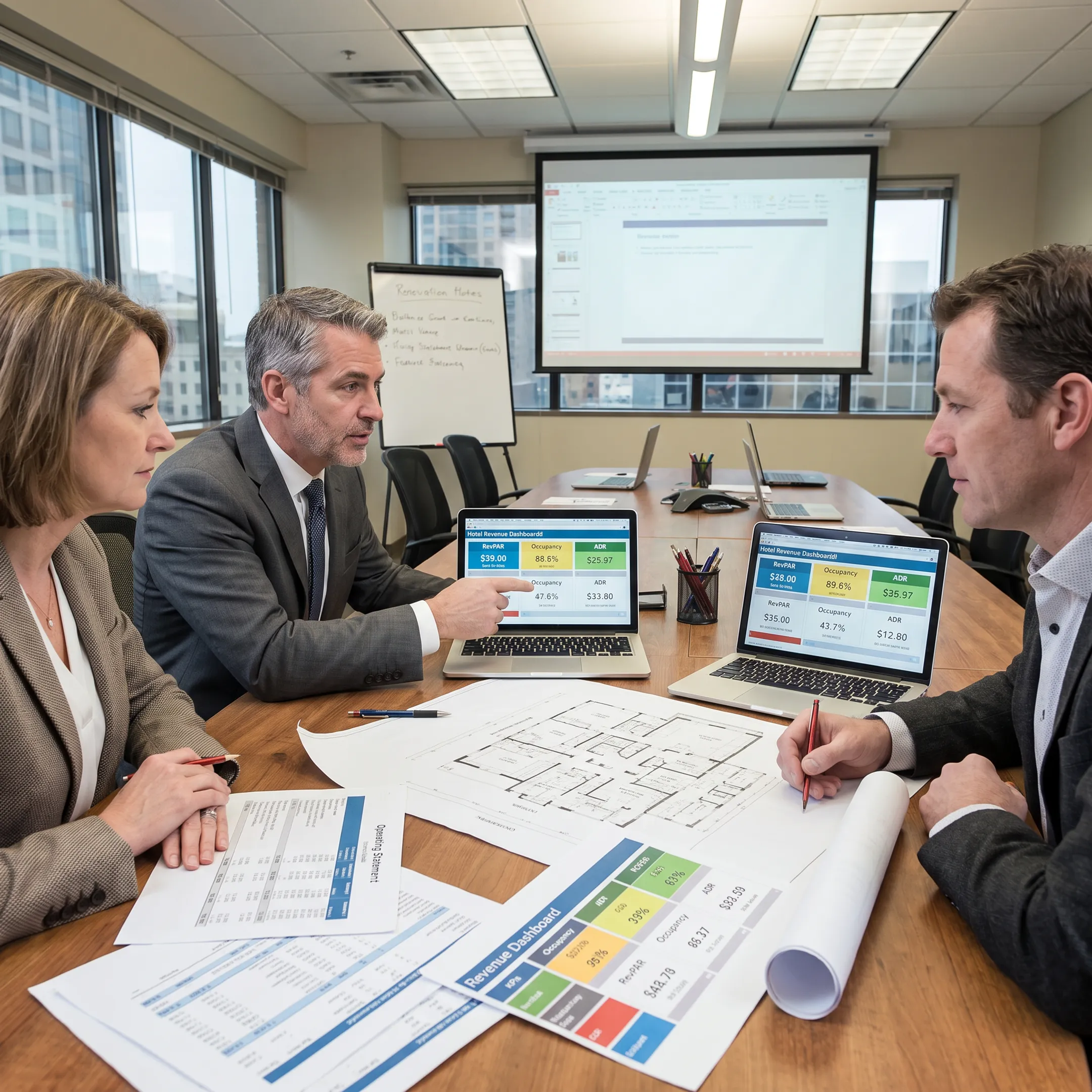 Hotel asset manager reviewing performance