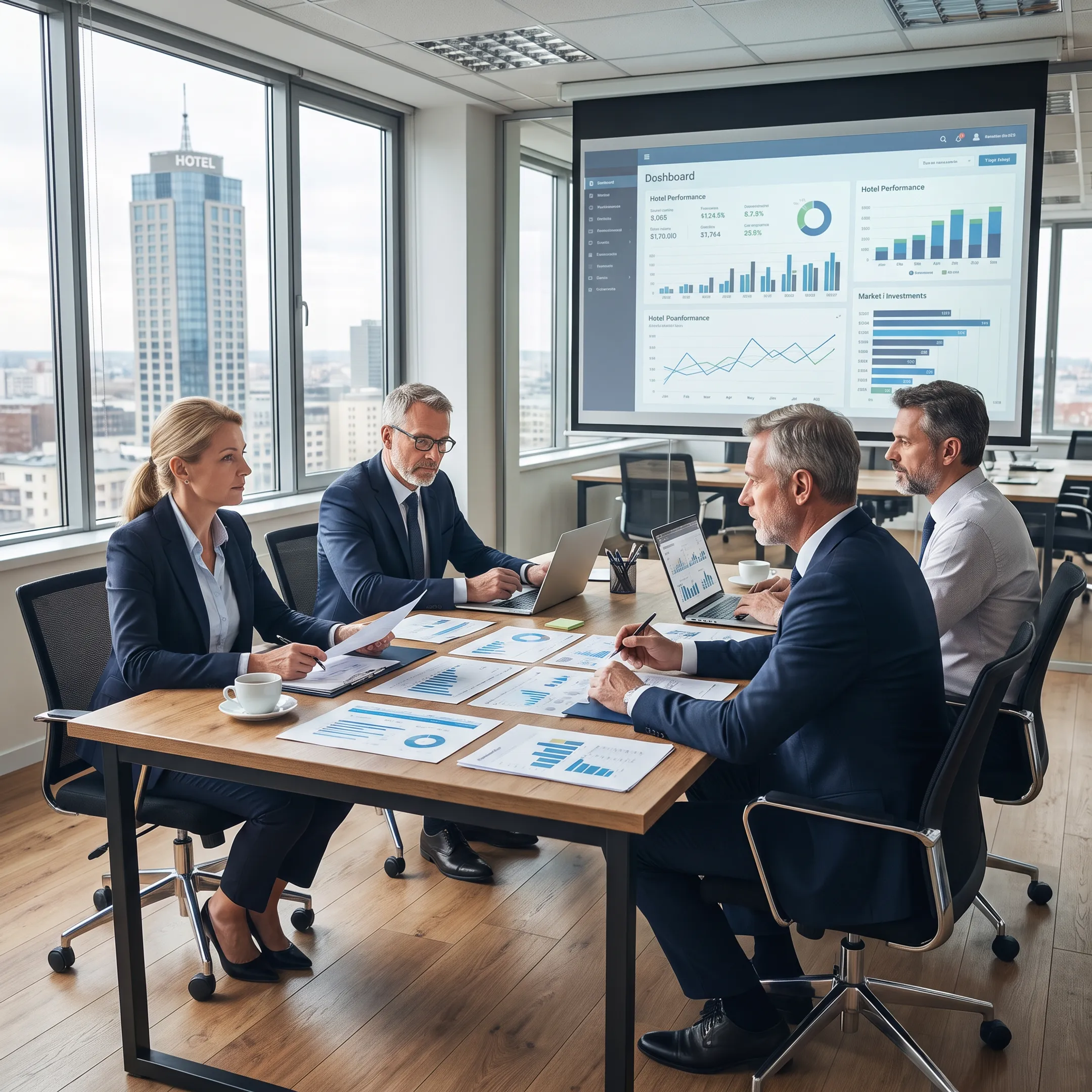 Hotel investors reviewing performance data