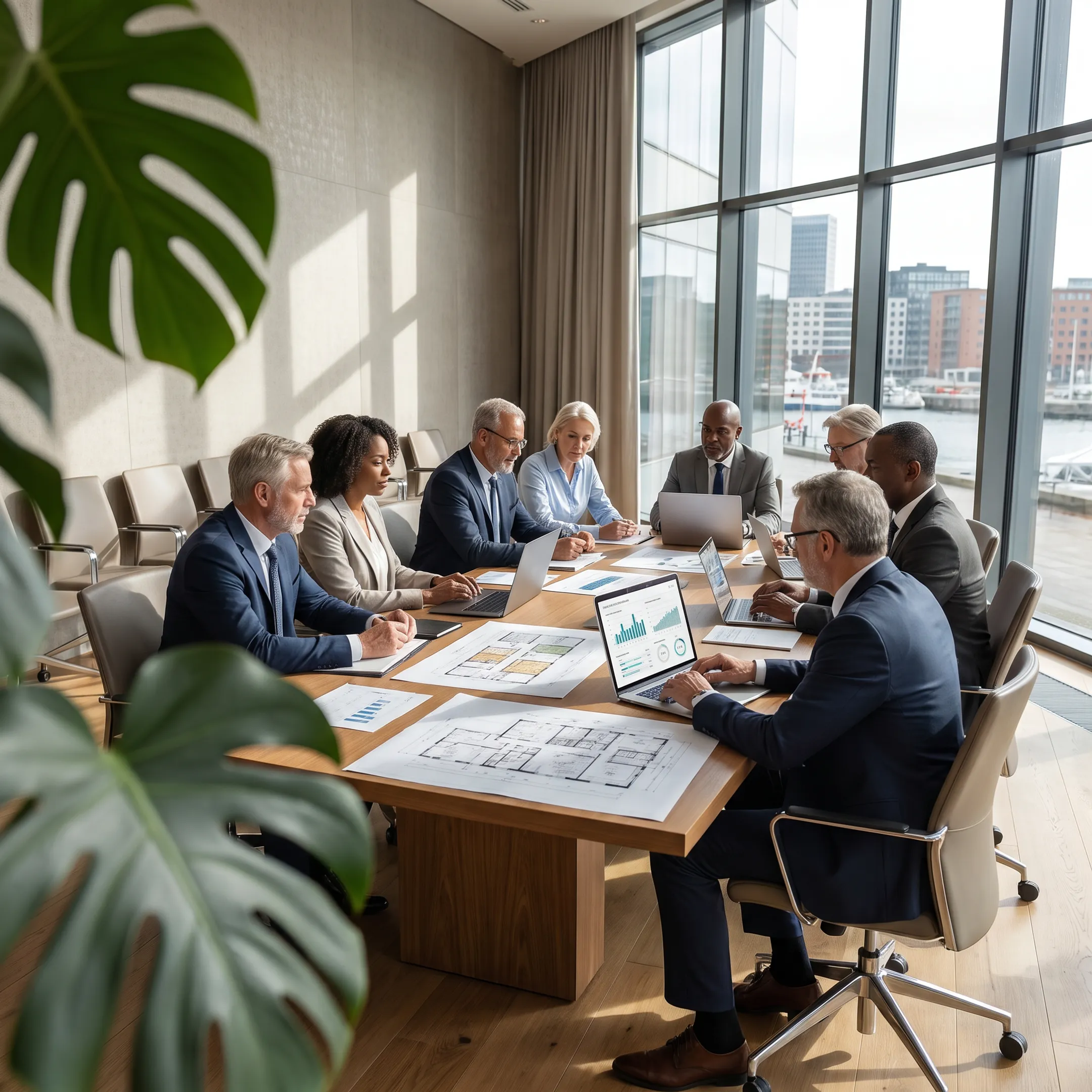 Hospital executives reviewing hotel investment performance