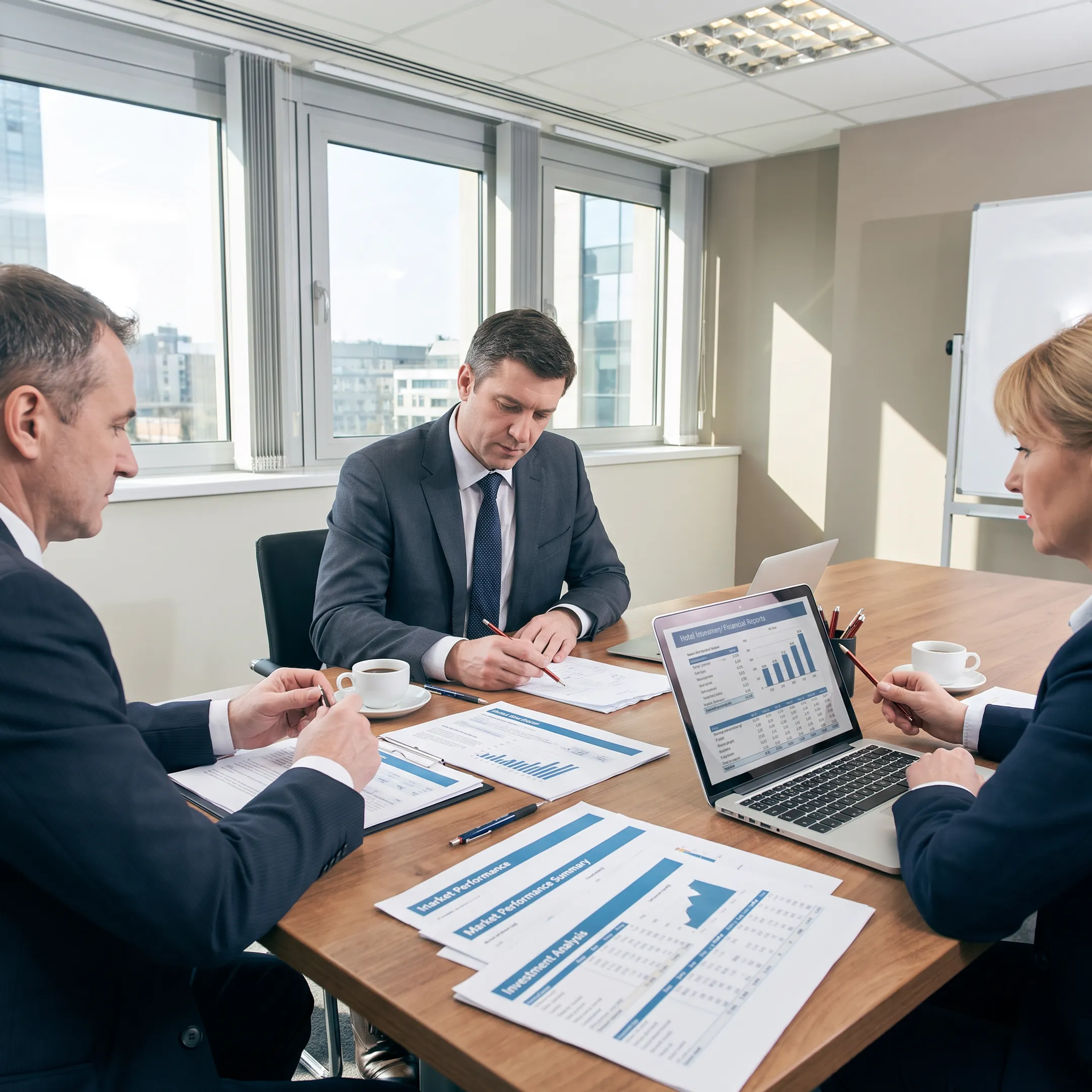 Hospital investment advisors reviewing hotel performance
