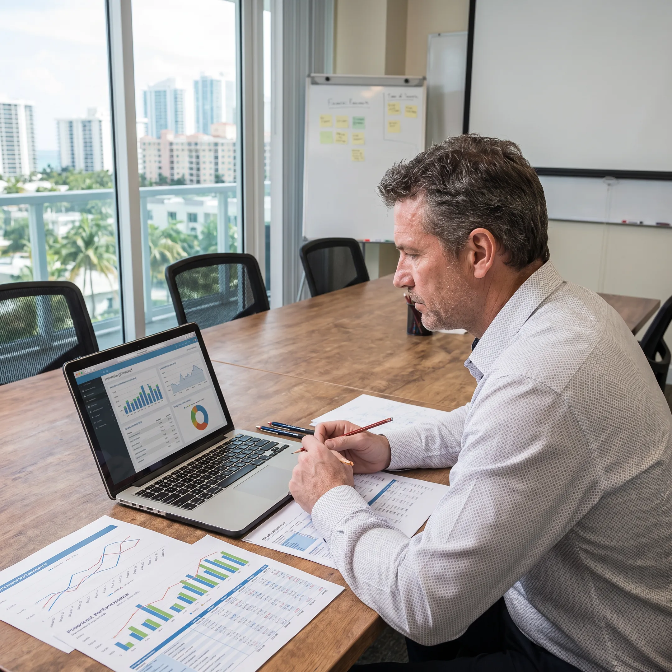 Hotel asset manager reviewing performance data