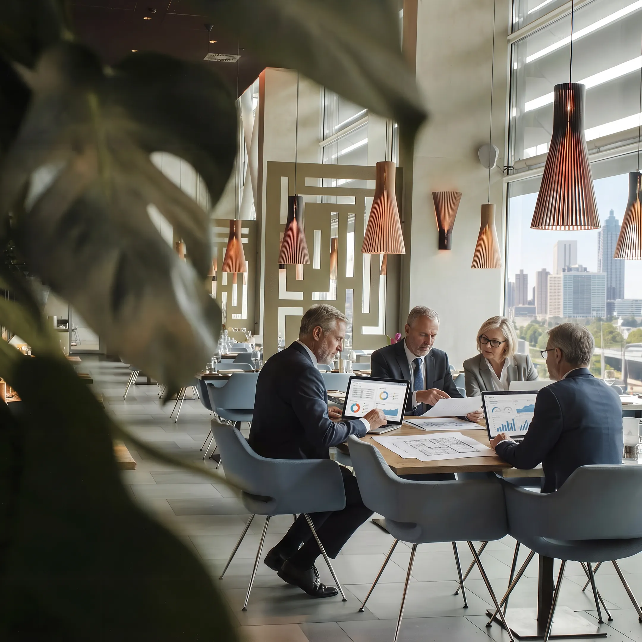 Hospitality advisors reviewing hotel performance