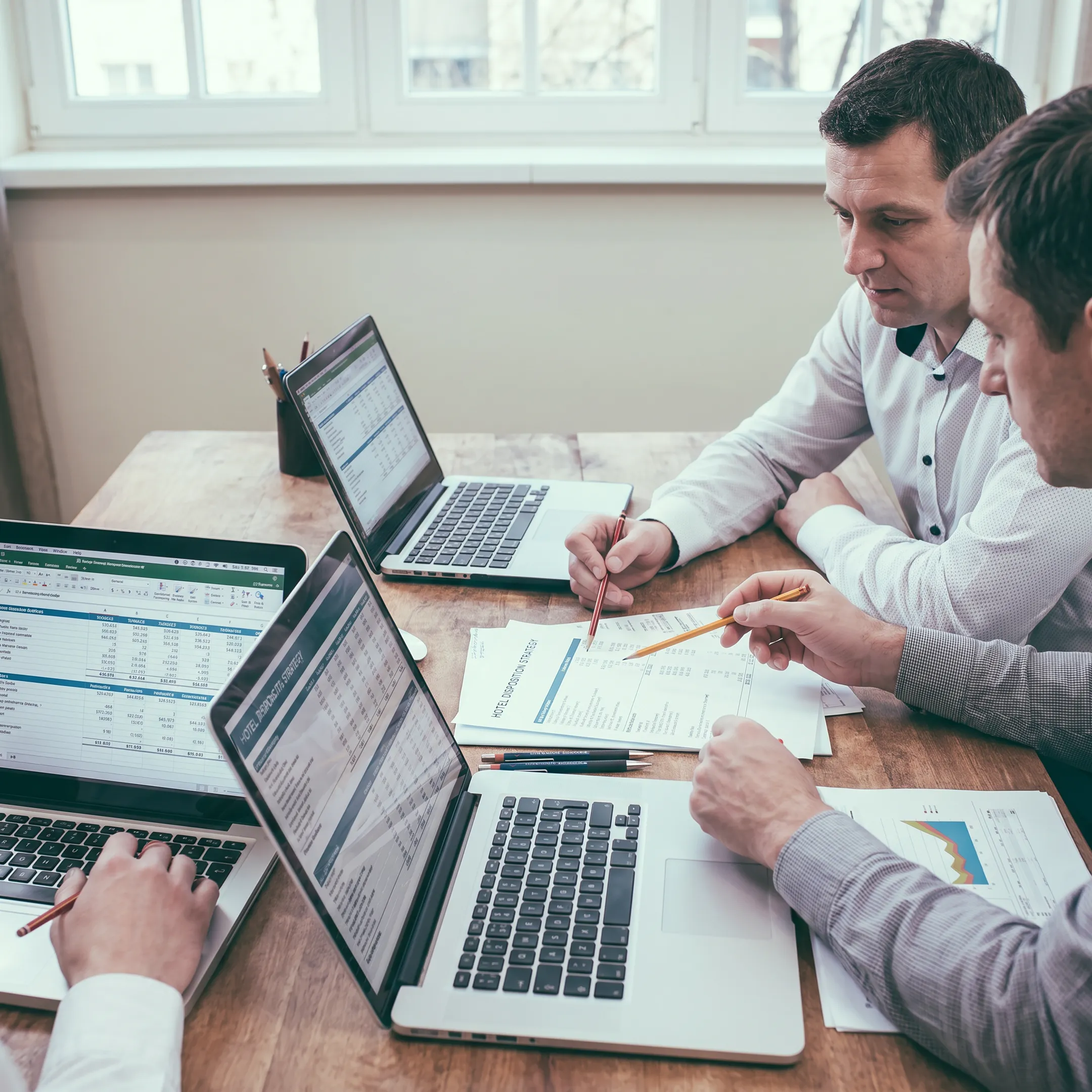 Hotel investment team reviewing an asset disposition strategy