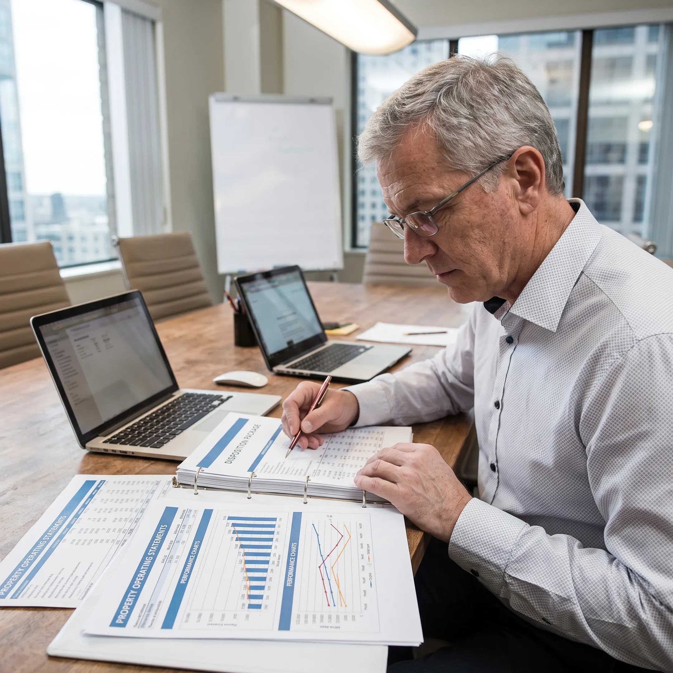 Advisor reviewing hotel disposition documents