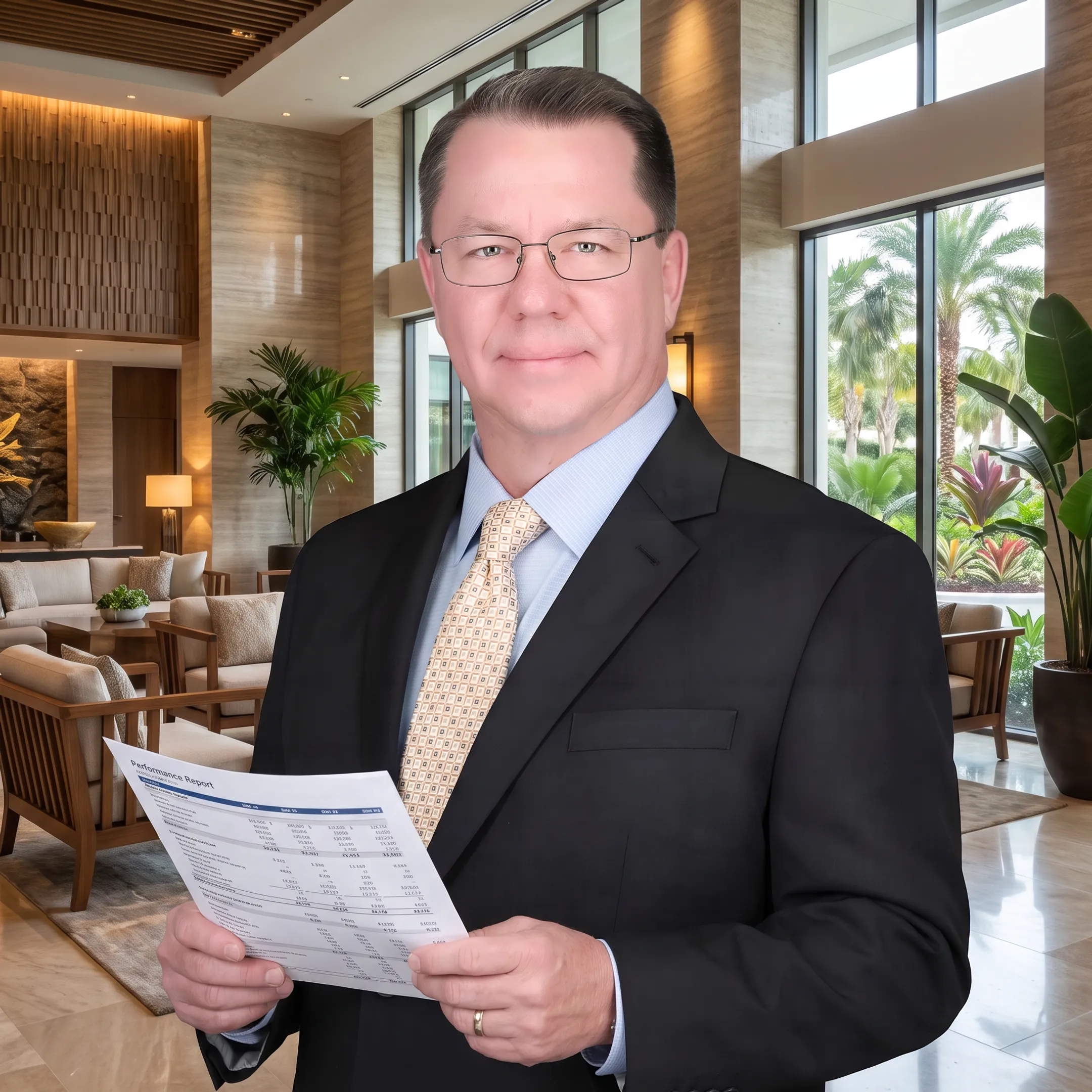 Resort manager reviewing property performance