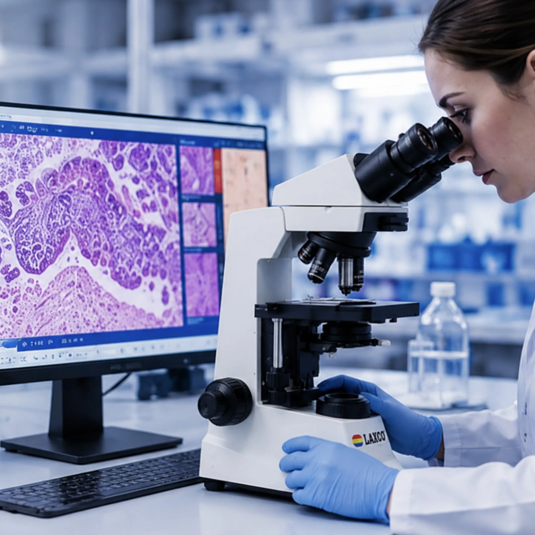 Pathologist reviewing stained tissue slide under a microscope for molecular analysis