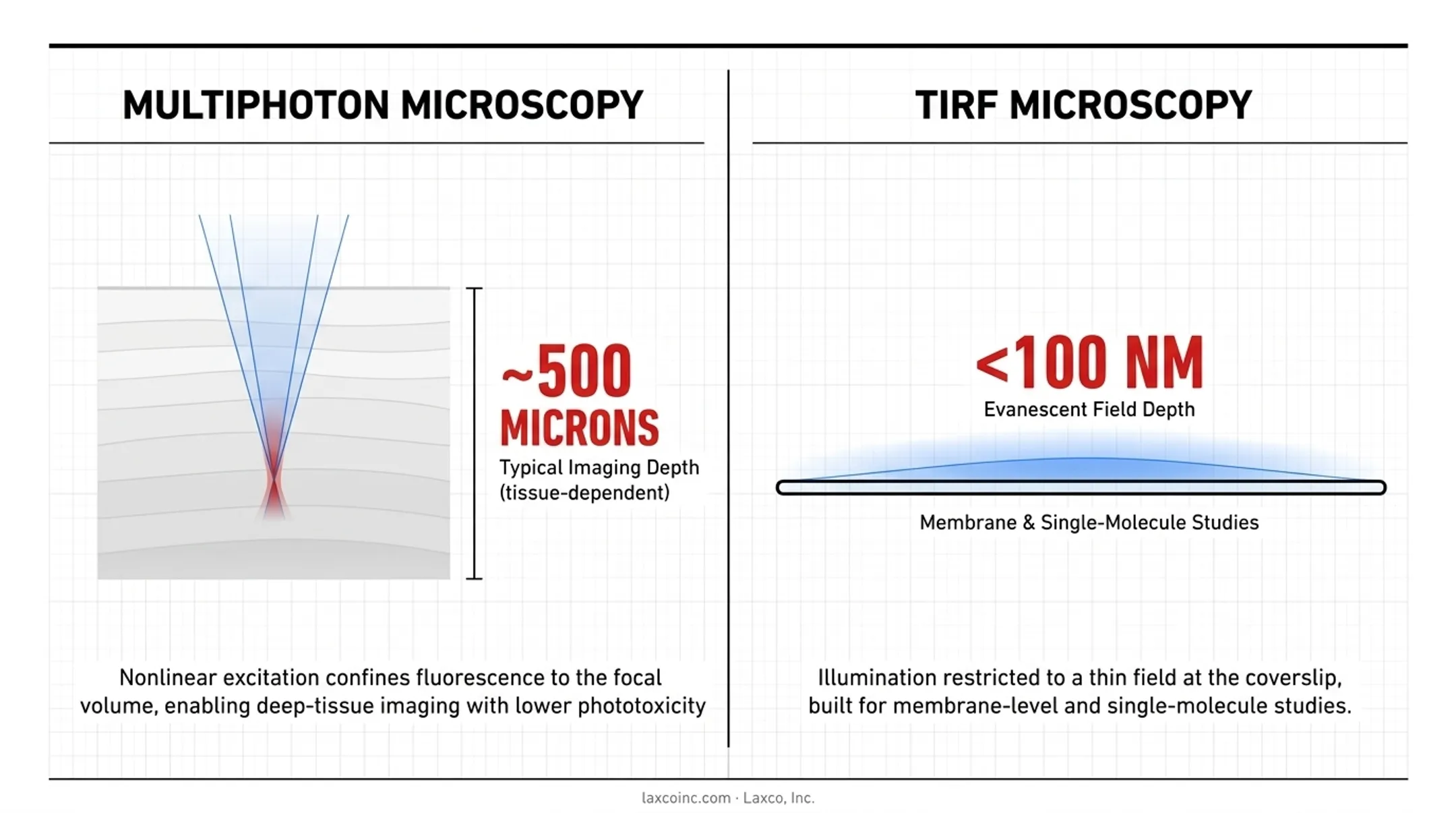Comparison chart of widefield confocal multiphoton and TIRF microscopy systems