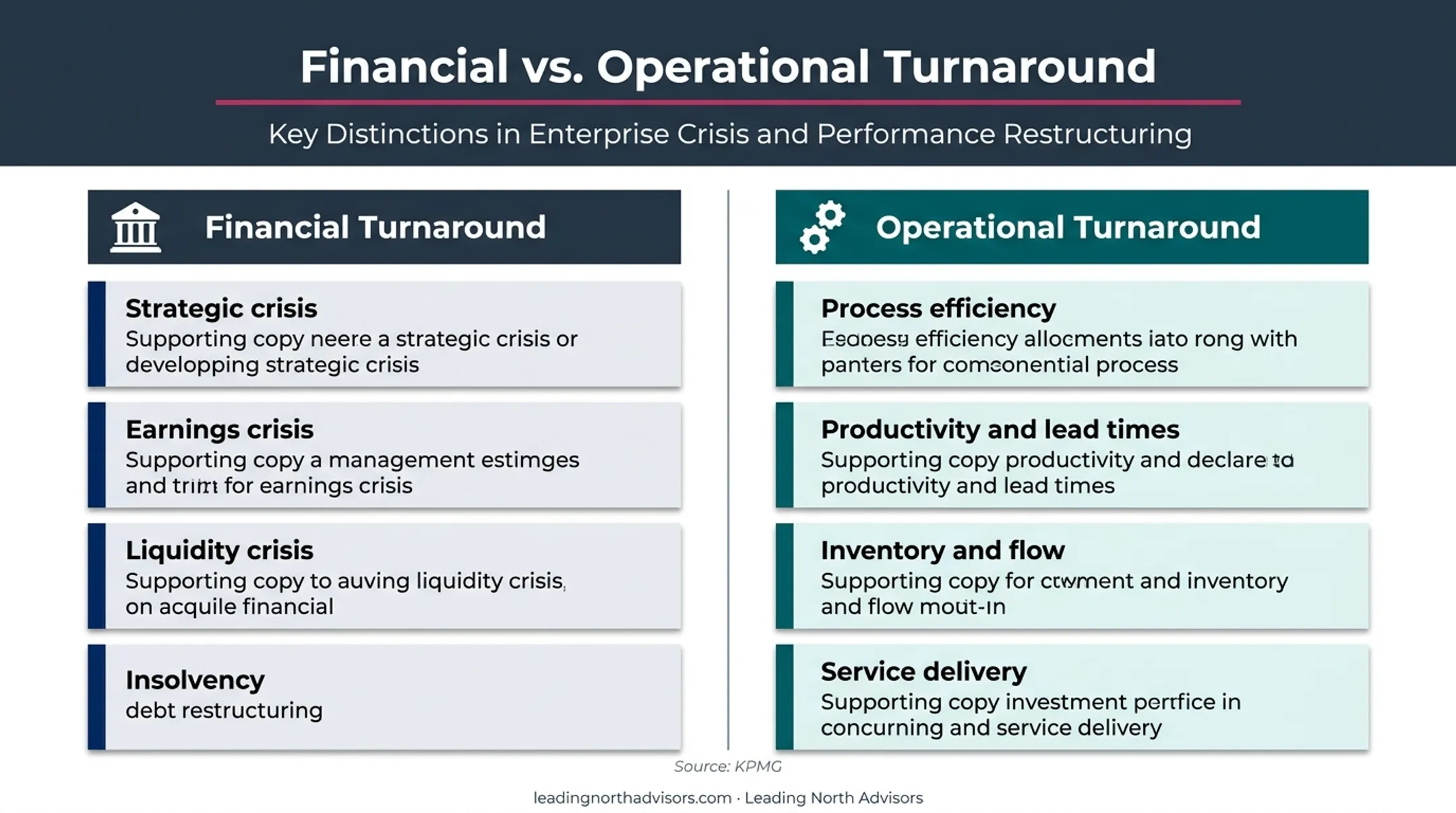 Financial versus operational turnaround work comparison infographic