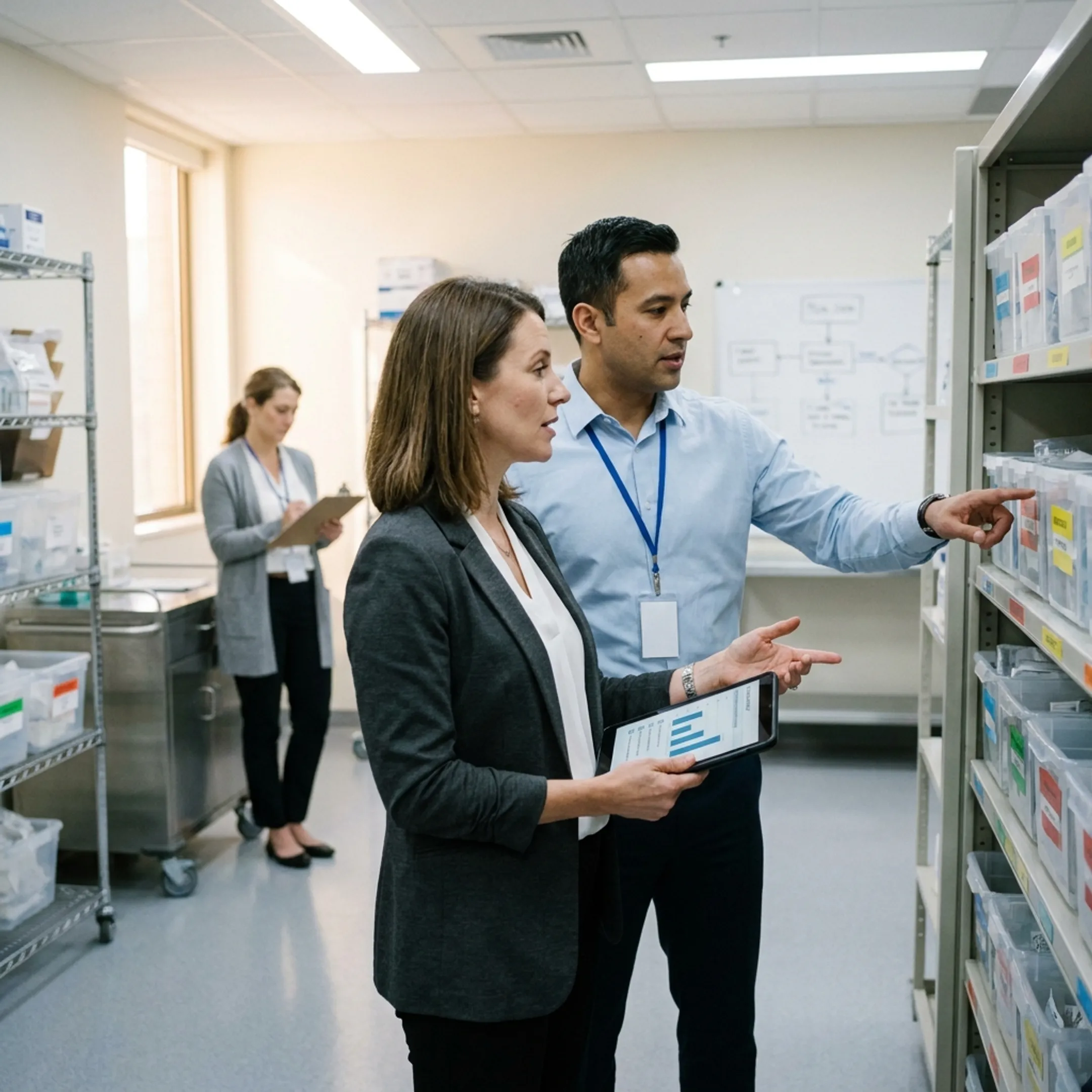 Supply chain optimization specialist discussing hospital inventory logistics with clinical staff.