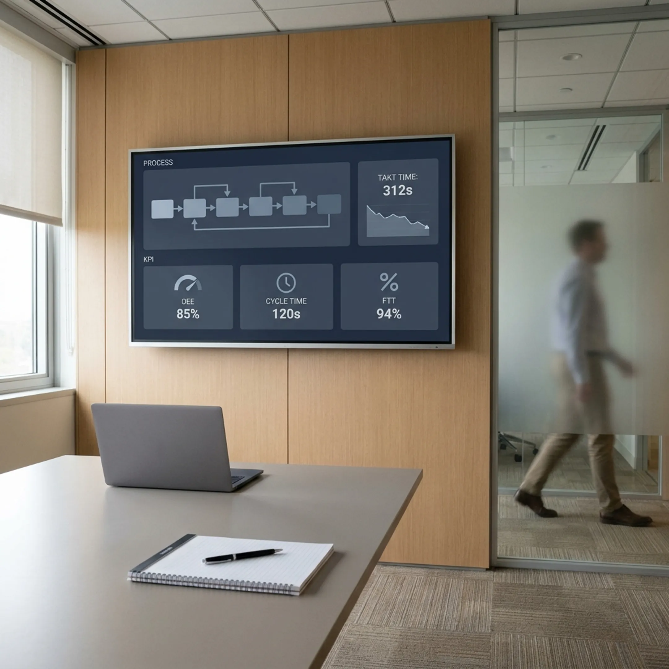 Virtual lean manufacturing workshop dashboard illustrating process flow analysis and waste reduction metrics